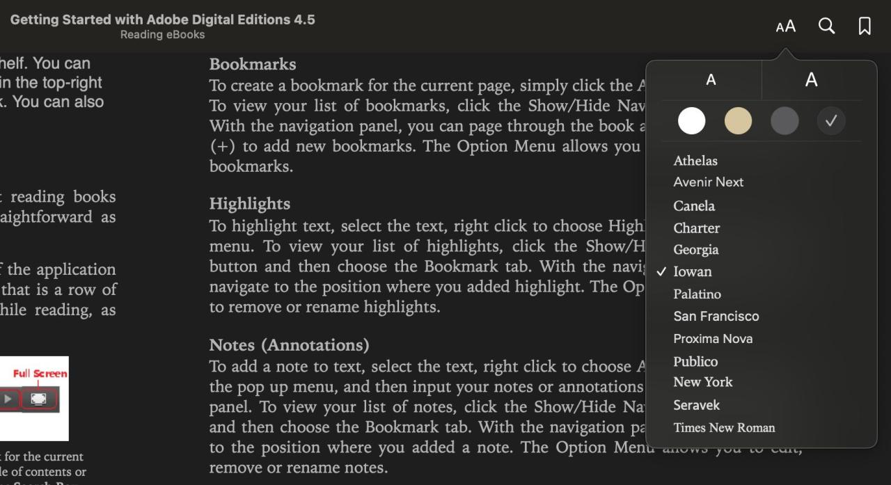 Screenshot of font preferences in the Books app on macOS