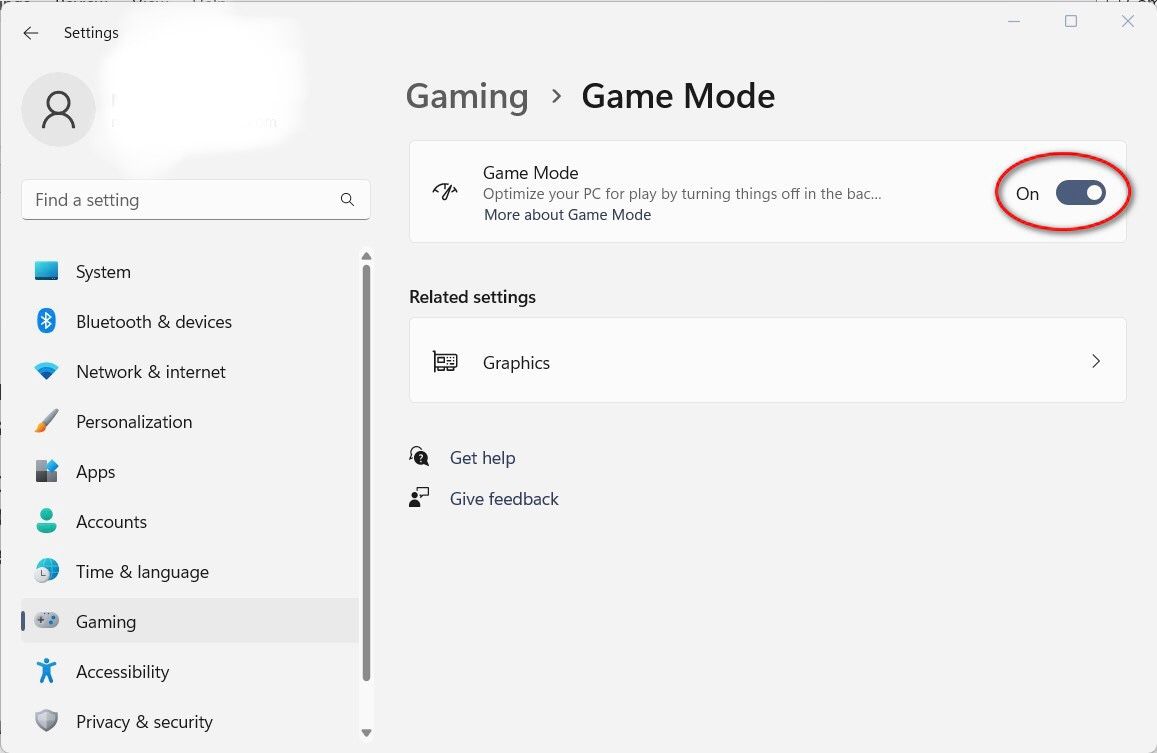 Screenshot showing how to turn on game mode