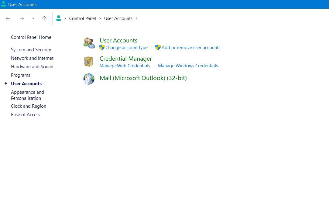 Screenshot Showing User Accounts Settings on the Control Panel