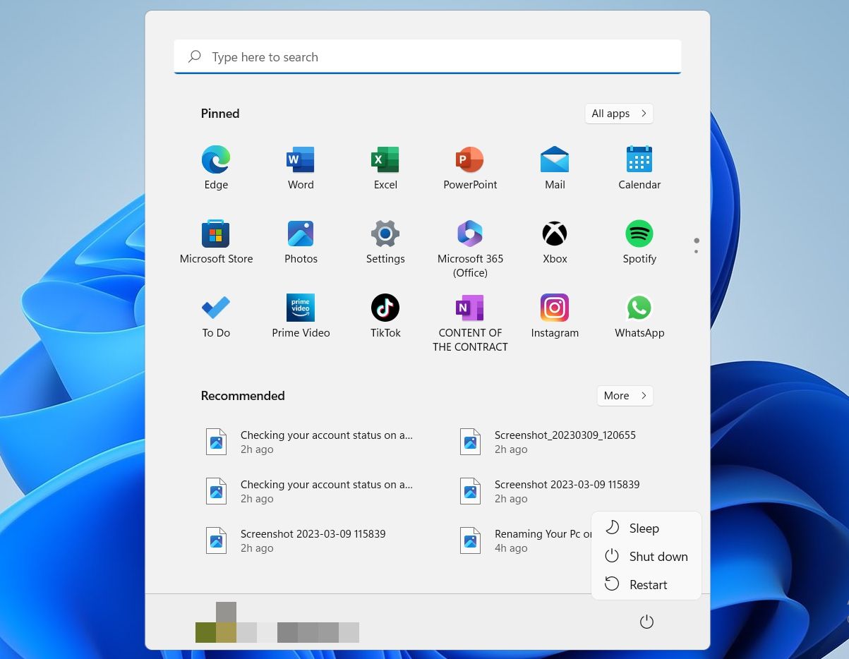 Screenshot Showing Windows 11 Power Off Options on the Start Menu