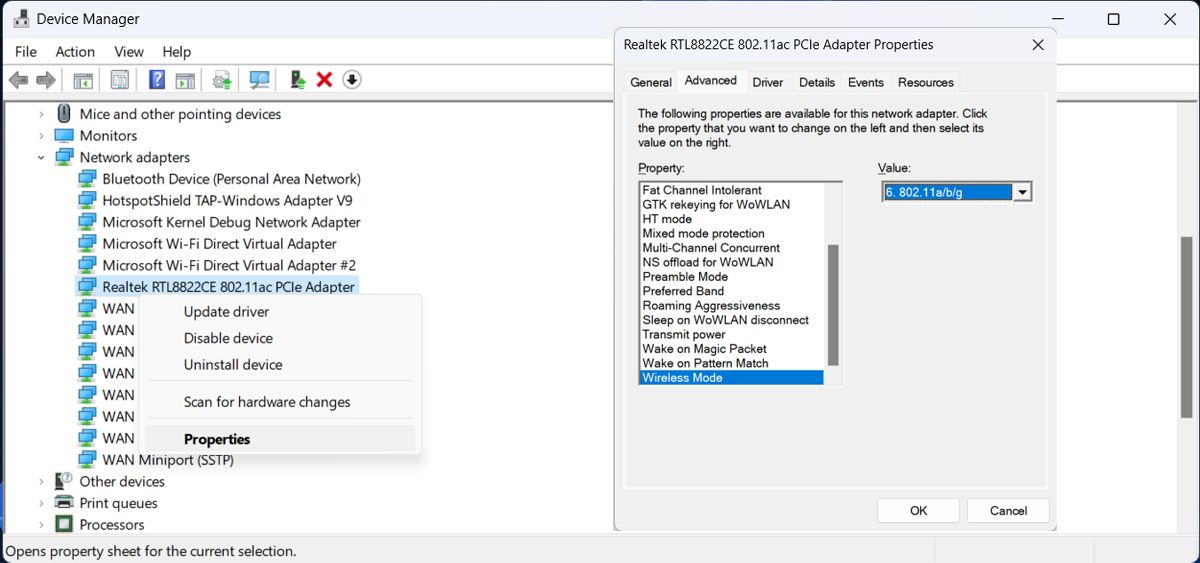 Network adapter properties