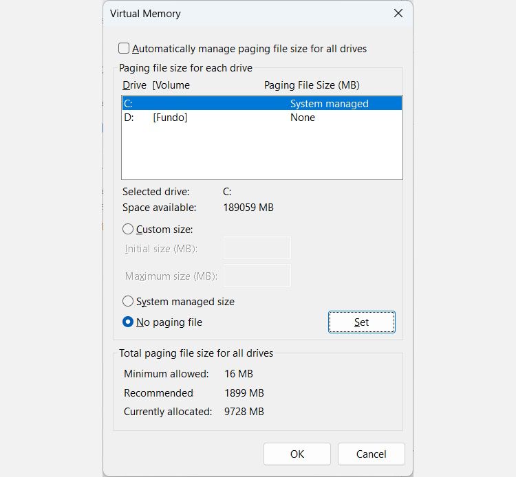 the Virtual Memory window on Windows with the No paging radio button ticked