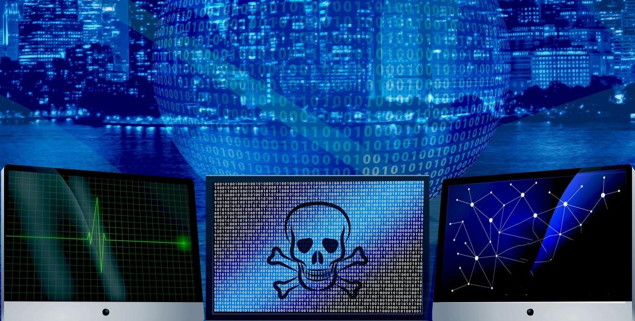 three computer screens with skull and cross icon in center and binary code globe and city in background