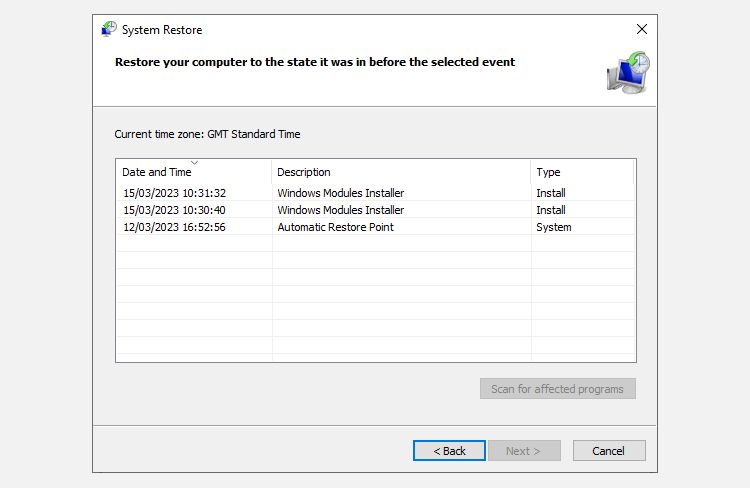 system restore point selection options