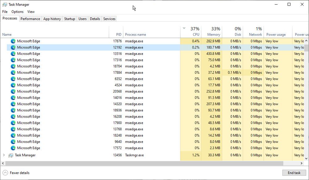 the Windows task manager showing edge processes