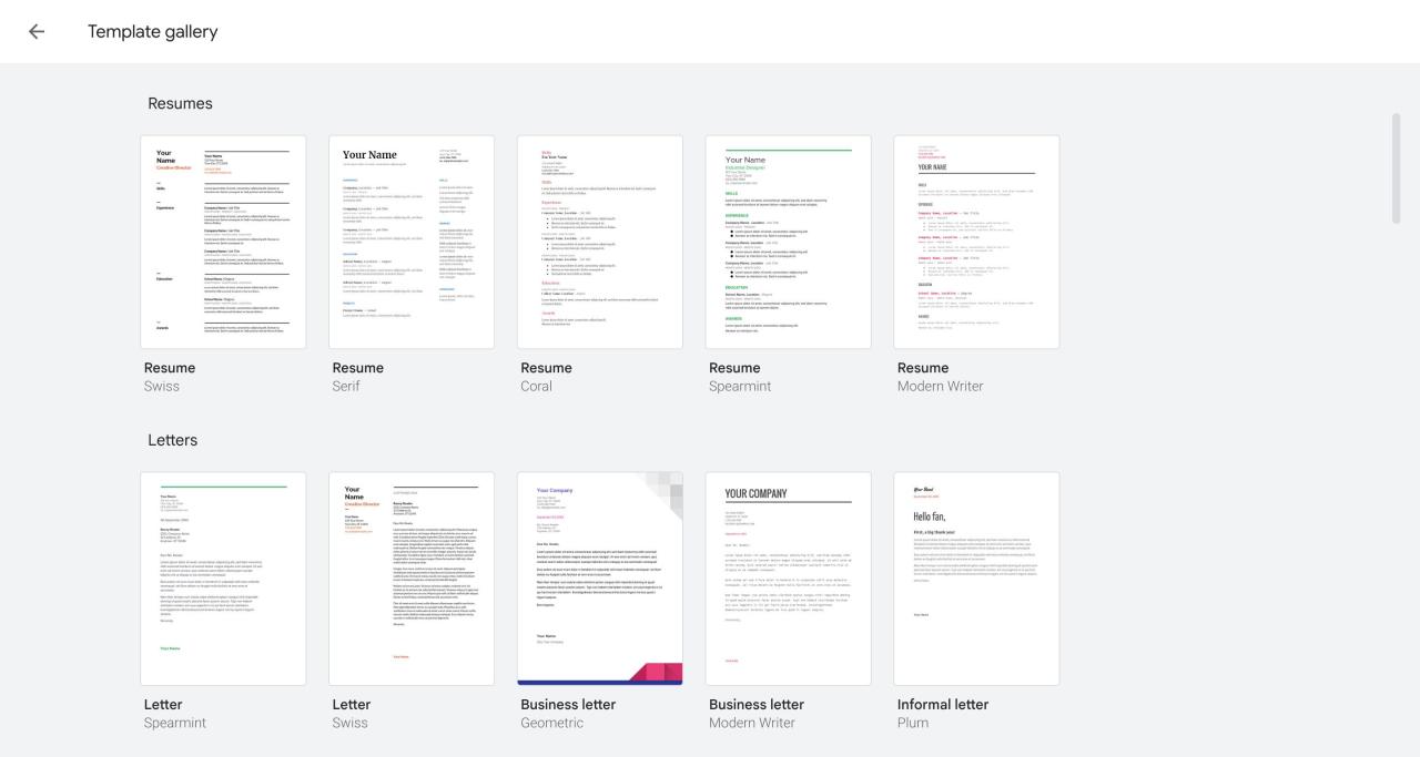 Template gallery on Google Docs displaying Resume and Letters templates