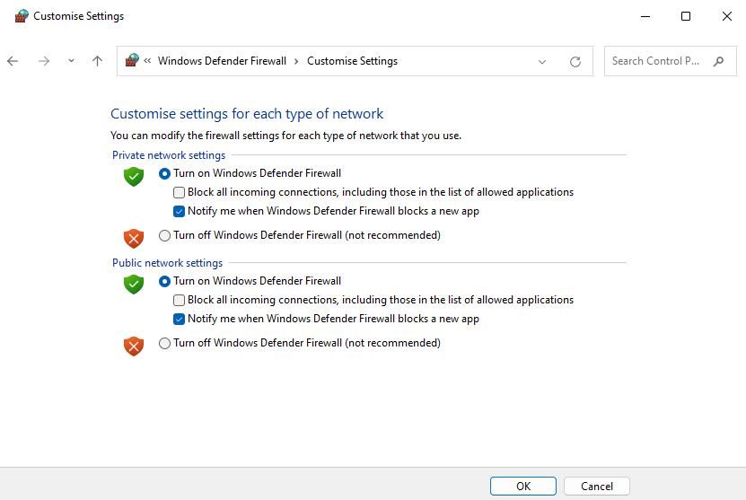 The turn off firewall settings