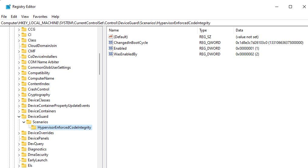 The HypervisorEnforced registry key 