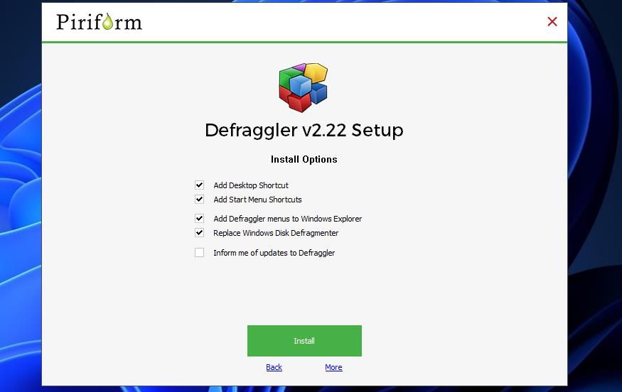 The Install button for Defraggler