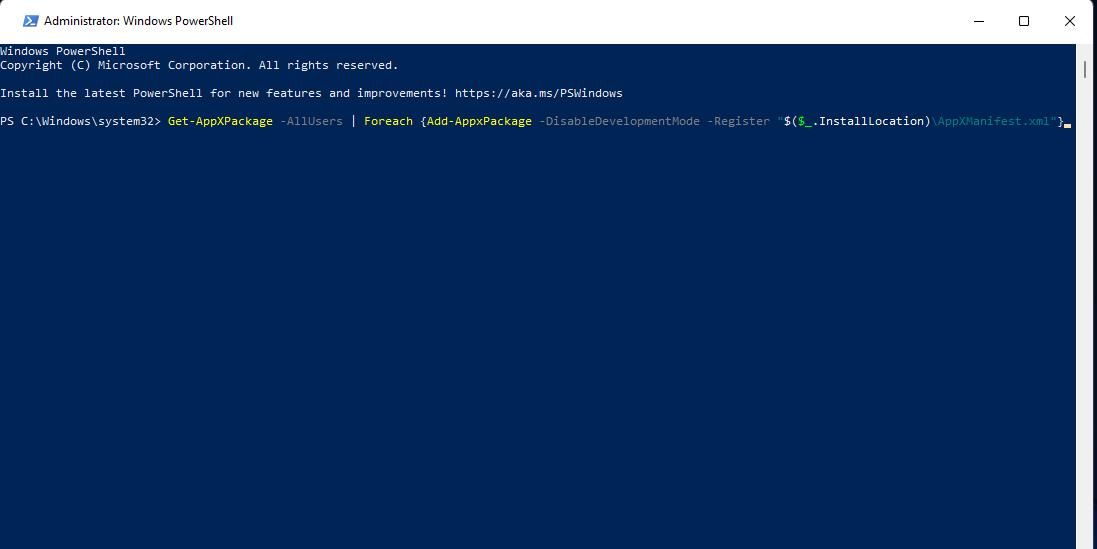 The reinstall app PowerShell command 