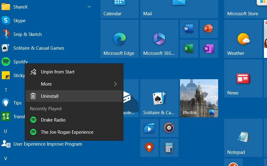 Spotify\'s Uninstall option on the Start menu 