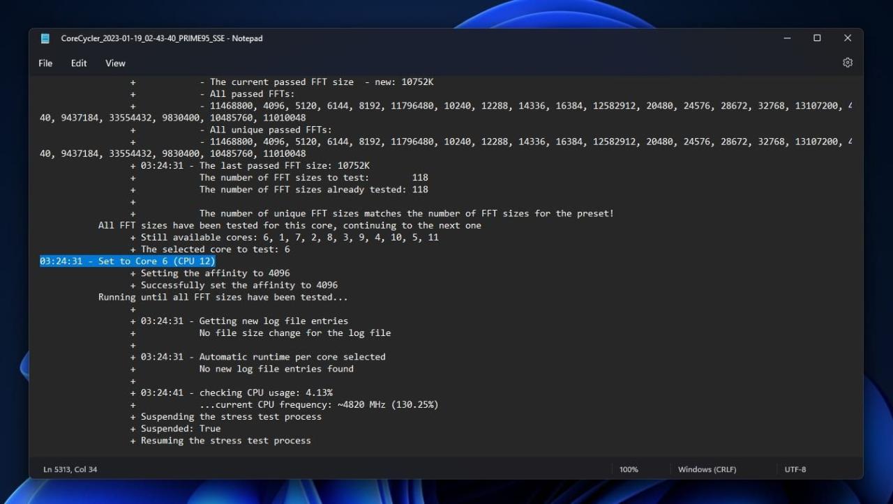 Troubleshooting CoreCycler Log Set To Core Number