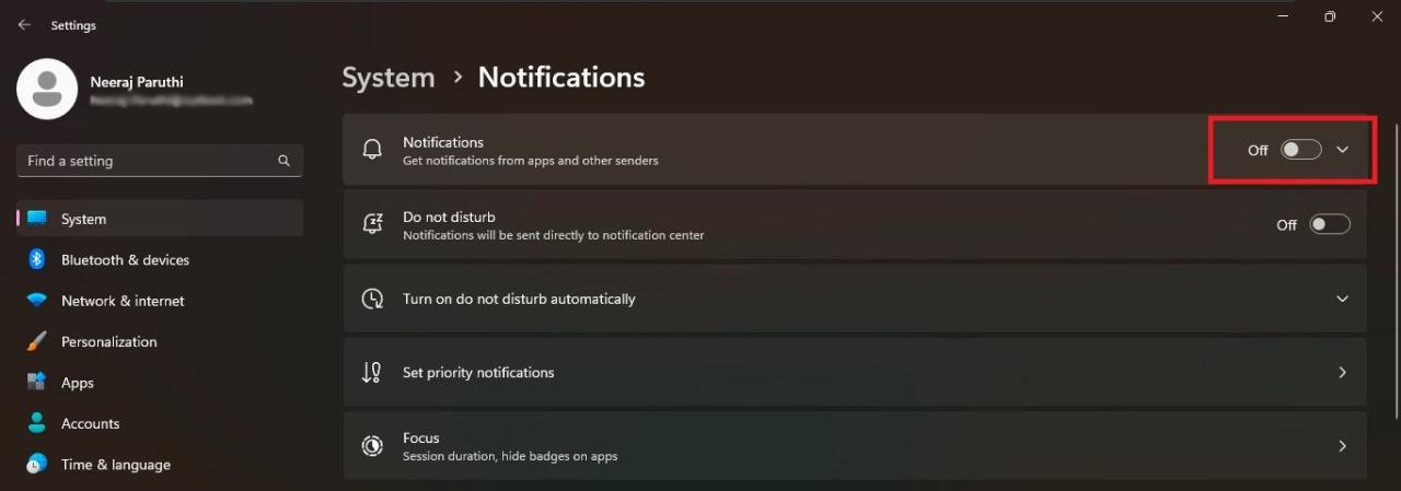 Notifications Toggle Turned Off in Settings