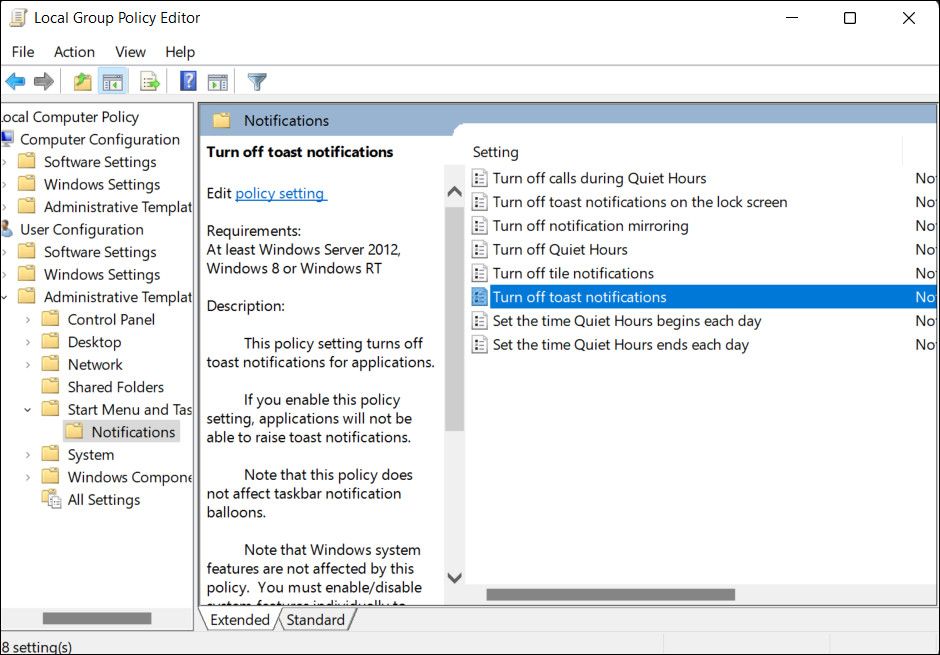 Click on the Turn off toast notifications policy