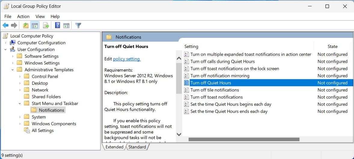 Turn On Quiet Hours Using Local Group Policy Editor