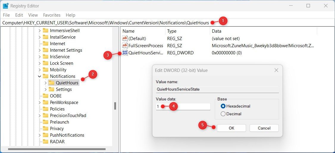 Turn On Quiet Hours Using Registry Editor