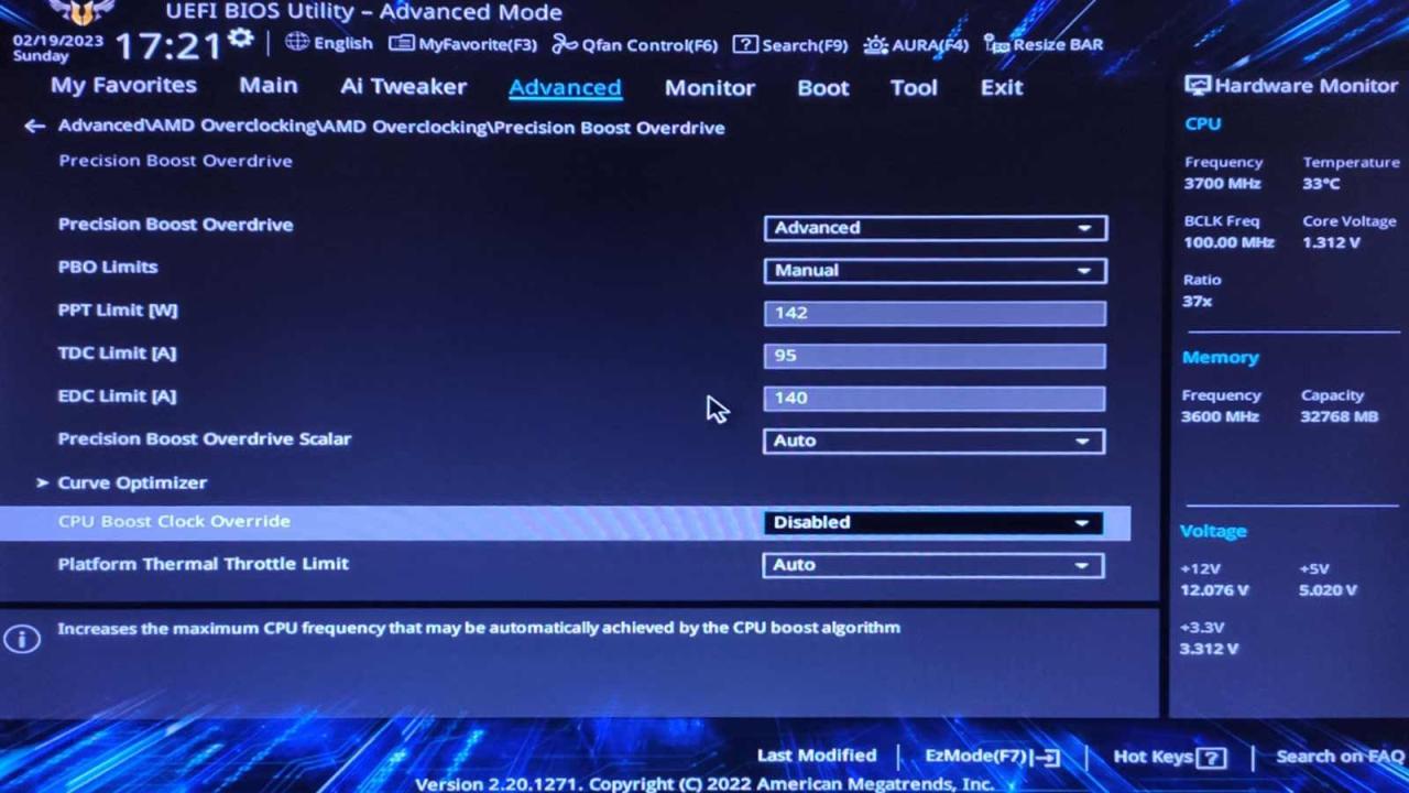 UEFI Precision Boost Overdrive CPU Boost Clock Override
