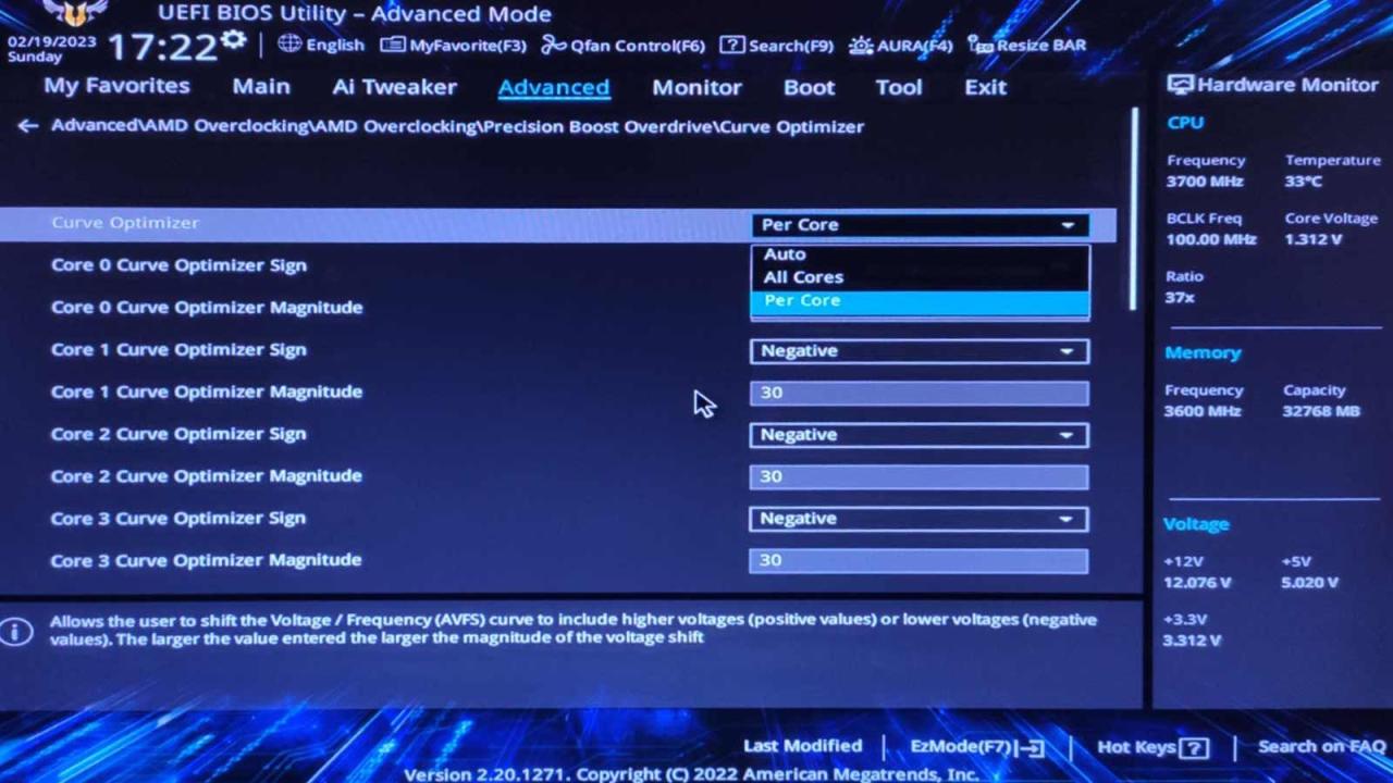 UEFI Precision Boost Overdrive Curve Optimizer Per Core