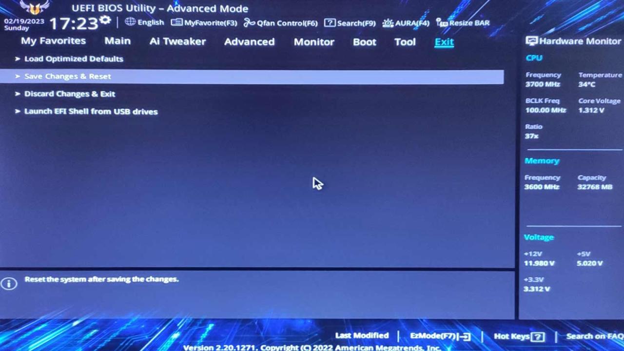 UEFI Save Changes And Reset