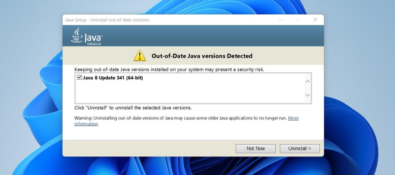 Uninstalling the Older Java Version From Java Setup Wizard on Windows