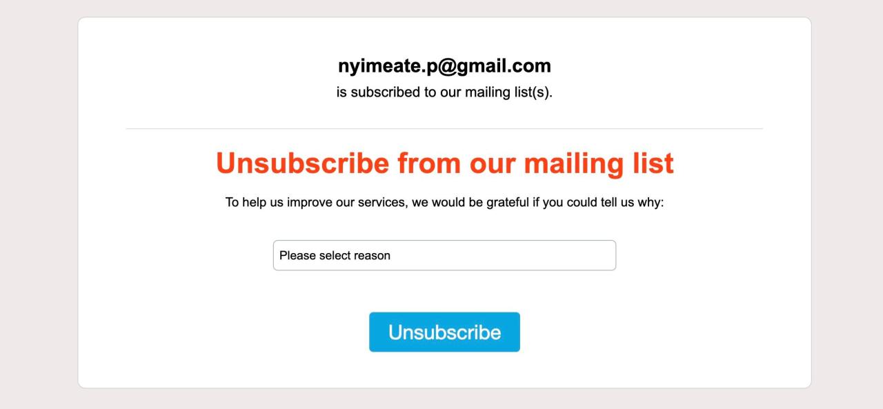 Unsubscription confirmation on a website