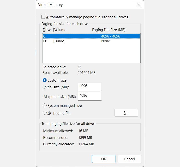 the virtual memory dialog box on windows with the custom page file size set to 4096