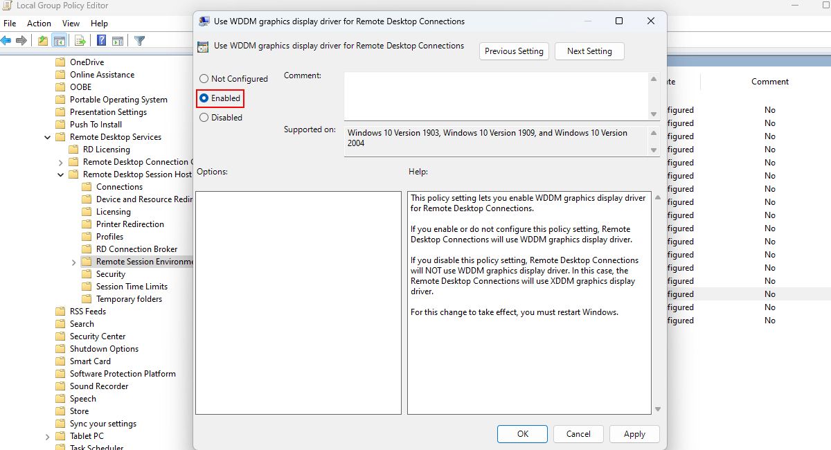 WDDM Settings In GPE