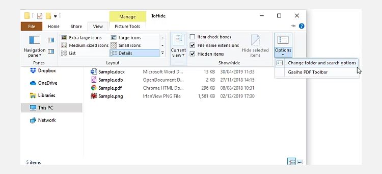 windows 10 change folder and search options