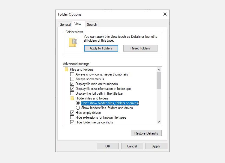 windows 10 dont show hidden files folders menu options