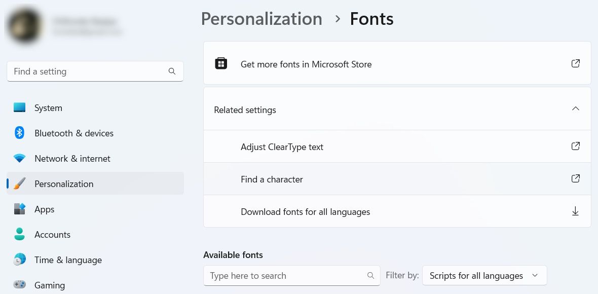 Windows 11 Fonts screen in the Settings app with the Related settings section showing