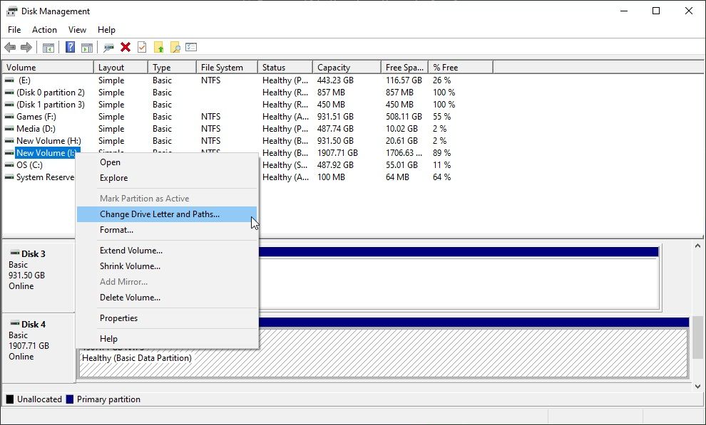 windows disk management change drive path option