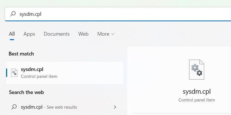 searching for sysdm.cpl in windows search