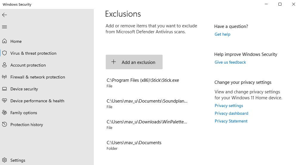 Windows Security\'s app exclusion settings