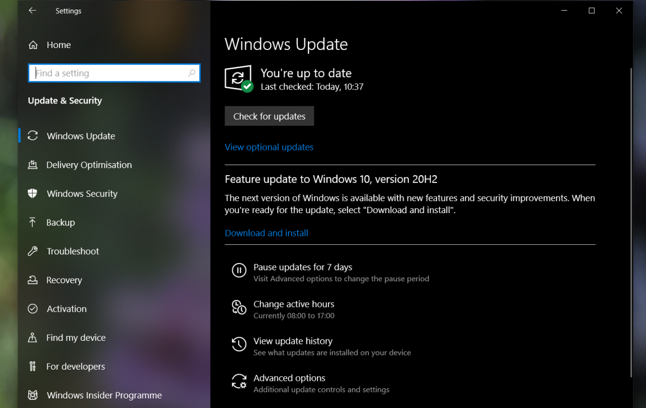 Windows Update menu in Windows 10