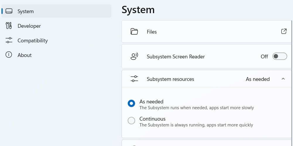 the Subsystems resources section of WSA settings