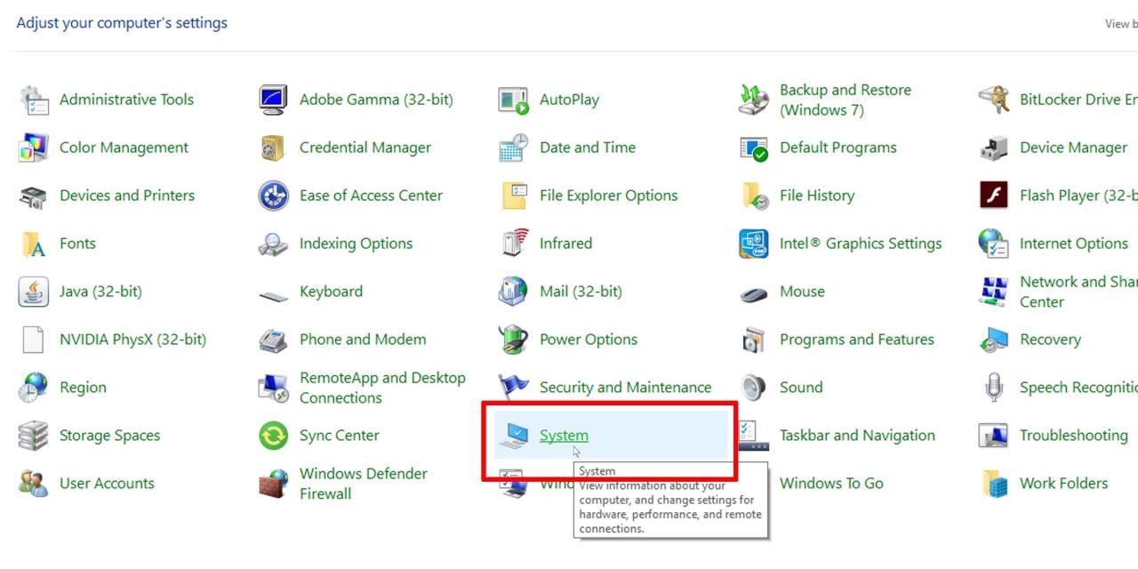 Navigate to control panel system settings