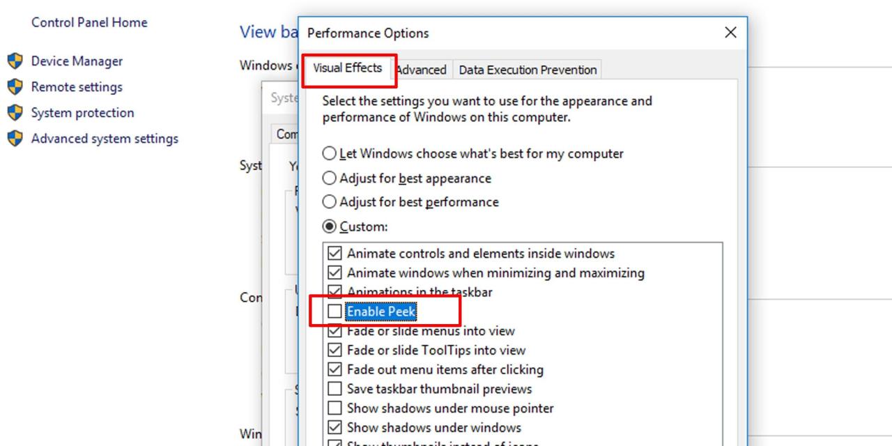 Enable Windows Peek at desktop