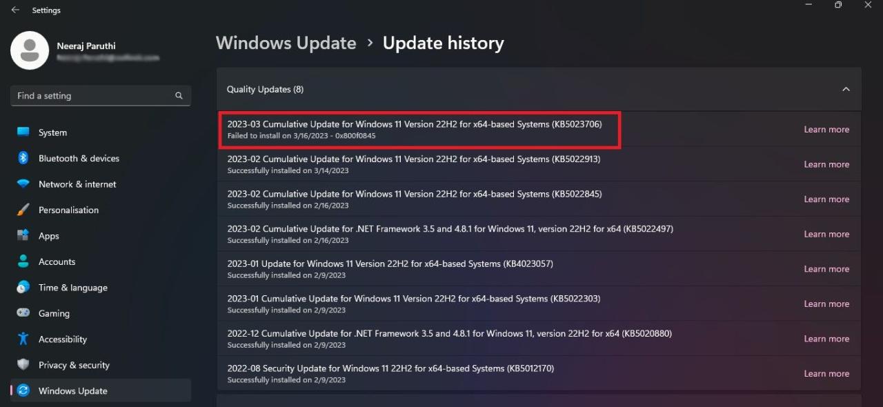 0x800f0845 Error in Windows Update History