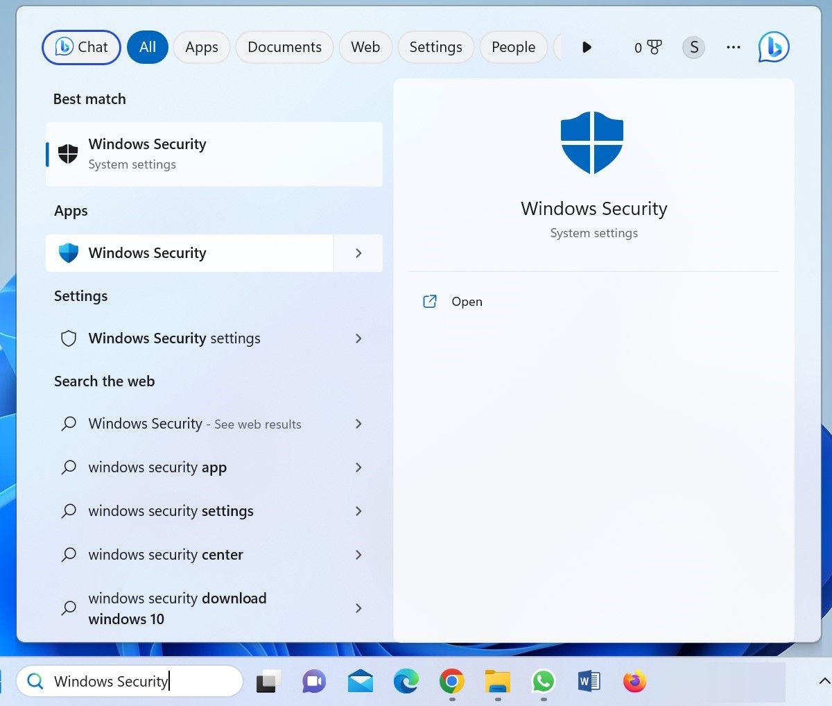 Open Windows Security from Windows Search