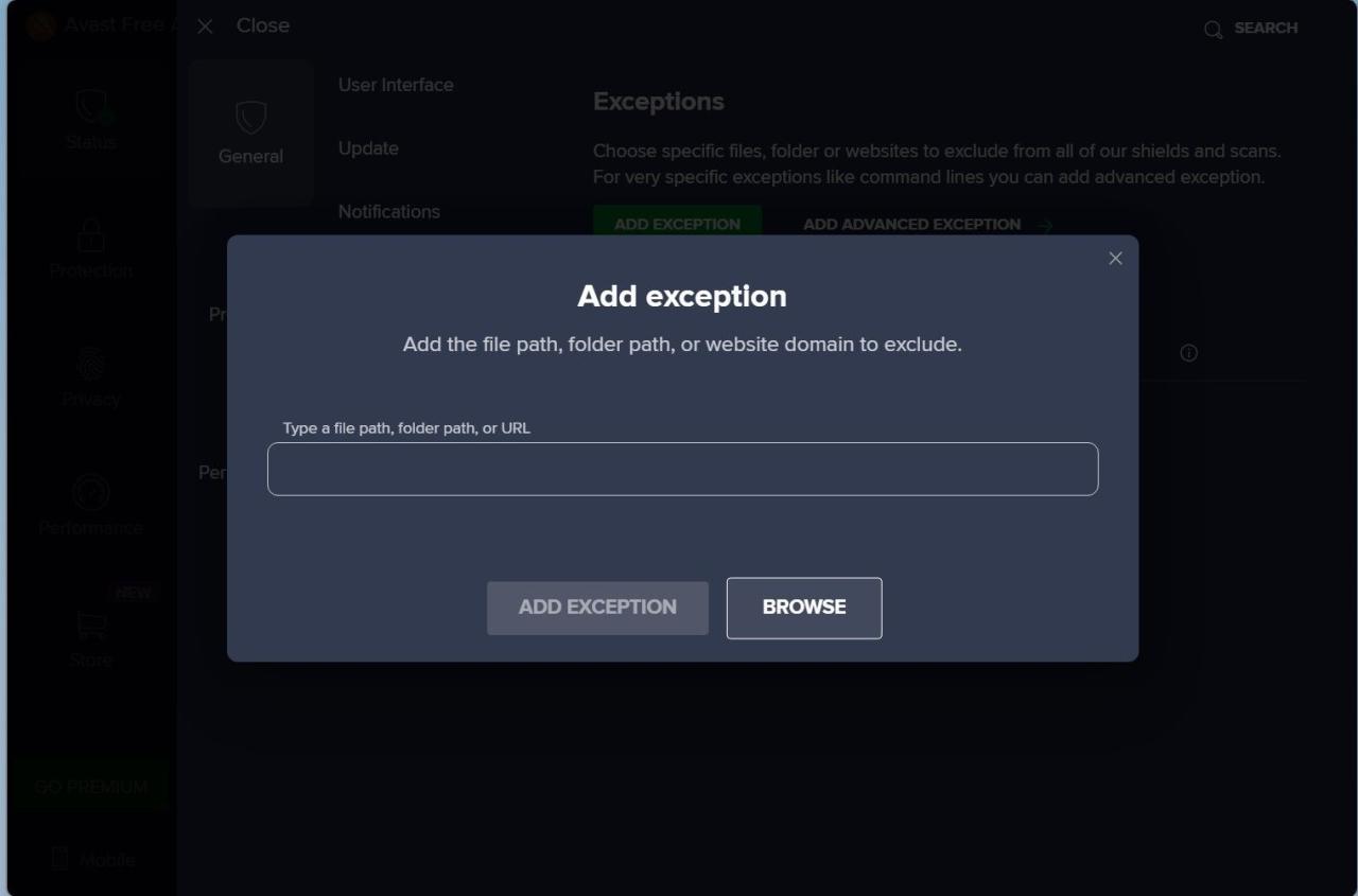 Click Browse in the Add Exception Window in Avast Antivirus App