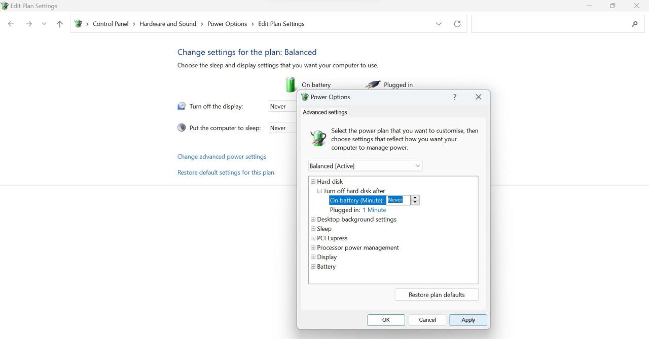 Change the On Battery Value to Never Under Hard Disk Category in Windows Control Panel