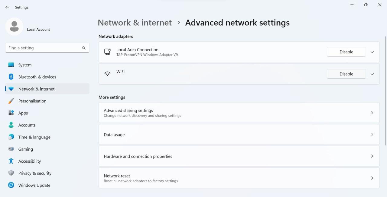 Click Disable Next to Your Internet Connection in Windows Settings App