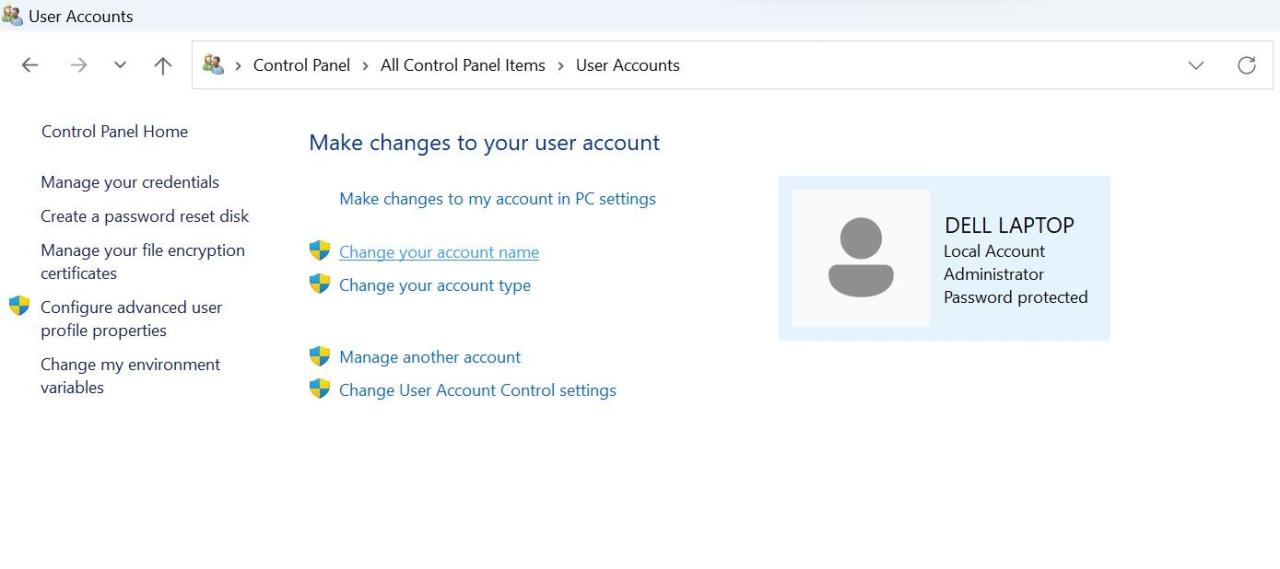 Click on Change Your Account Name in User Account Settings in Windows Control Panel