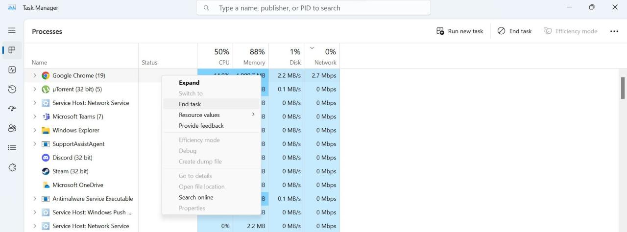 End the Processes Consuming the Most Bandwidth in Windows Task Manager