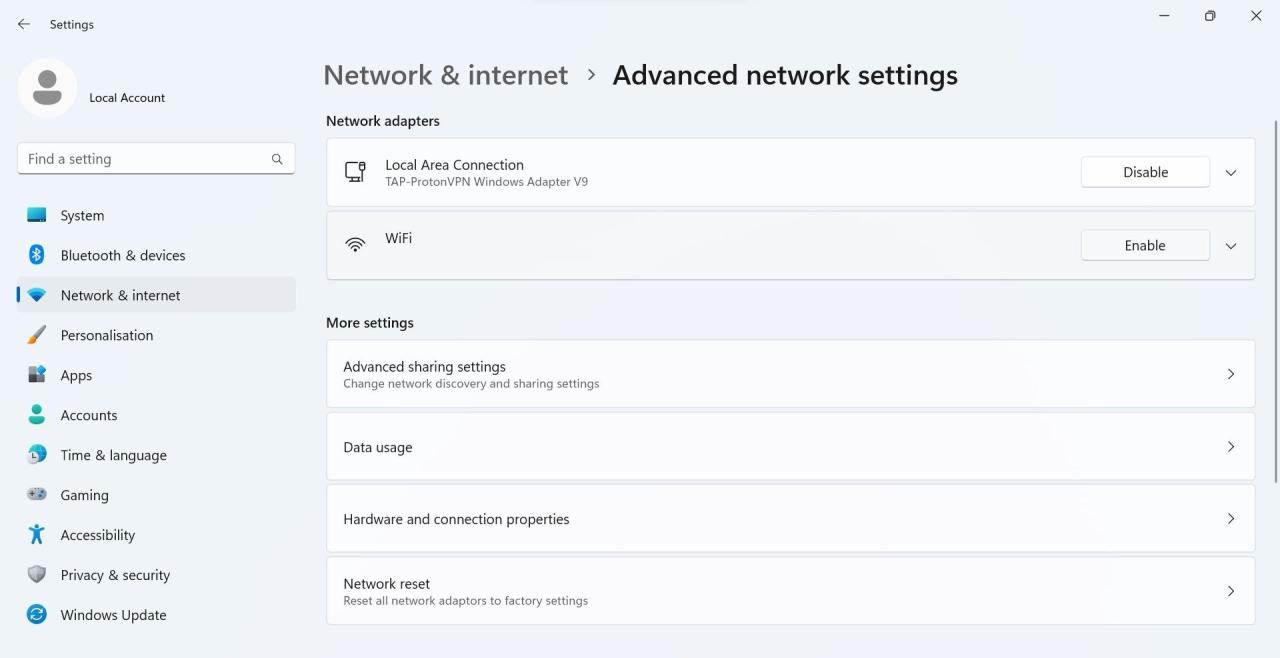 Click Enable Next to Your Internet Connection in Windows Settings App