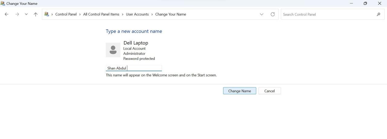 Click on Change Name After Entering the New Username