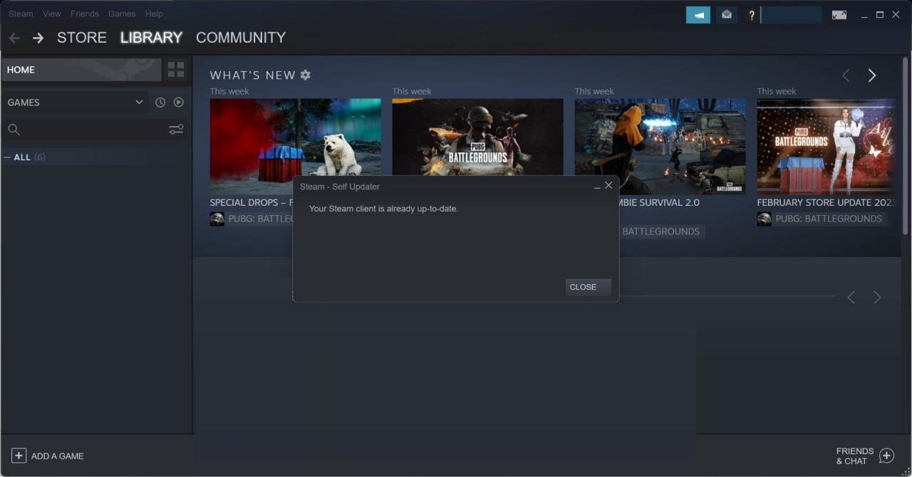 Notification Window Showing the Steam Client is Already Up-to-date