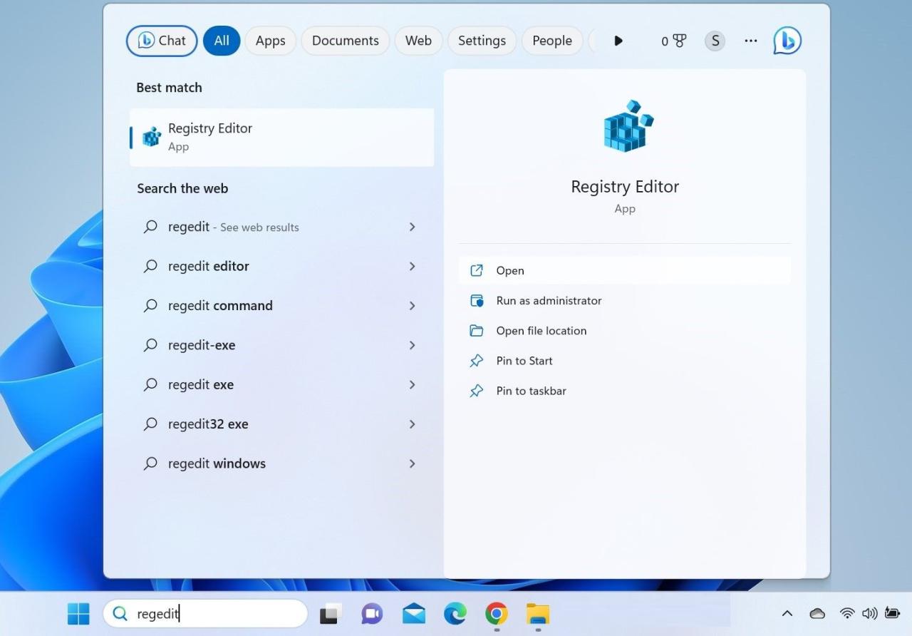 Open Registry Editor App From Windows Search