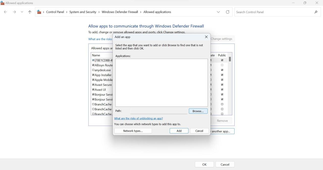 Click on the Browse Button in the Add an App Window in the Windows Defender Firewall Settings