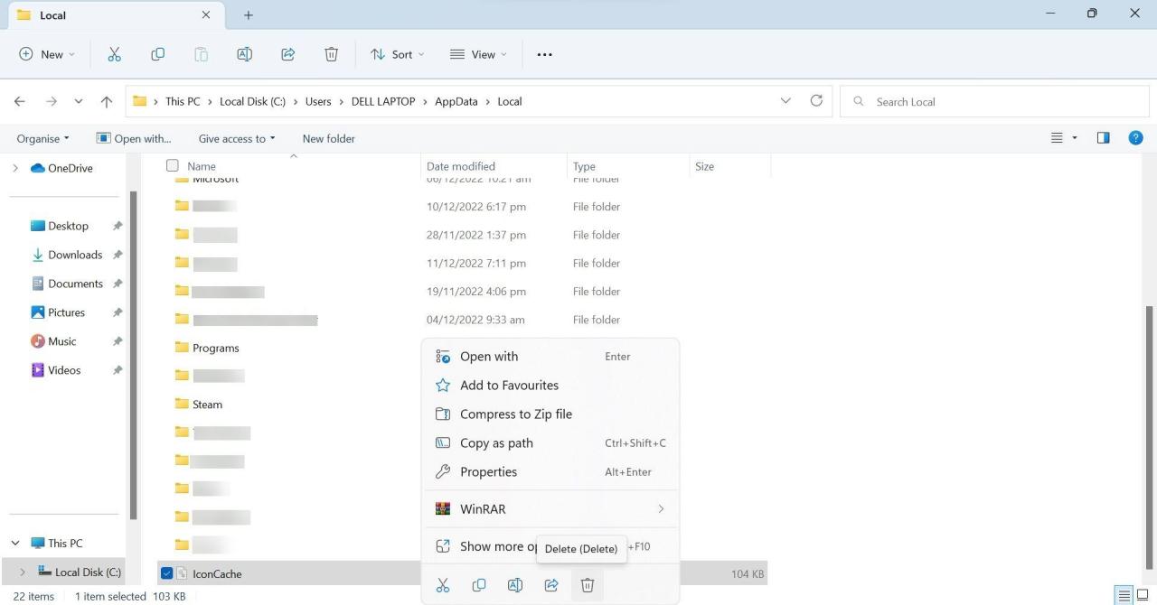 Deleting the IconCache File by Right-clicking on the File in Windows File Explorer